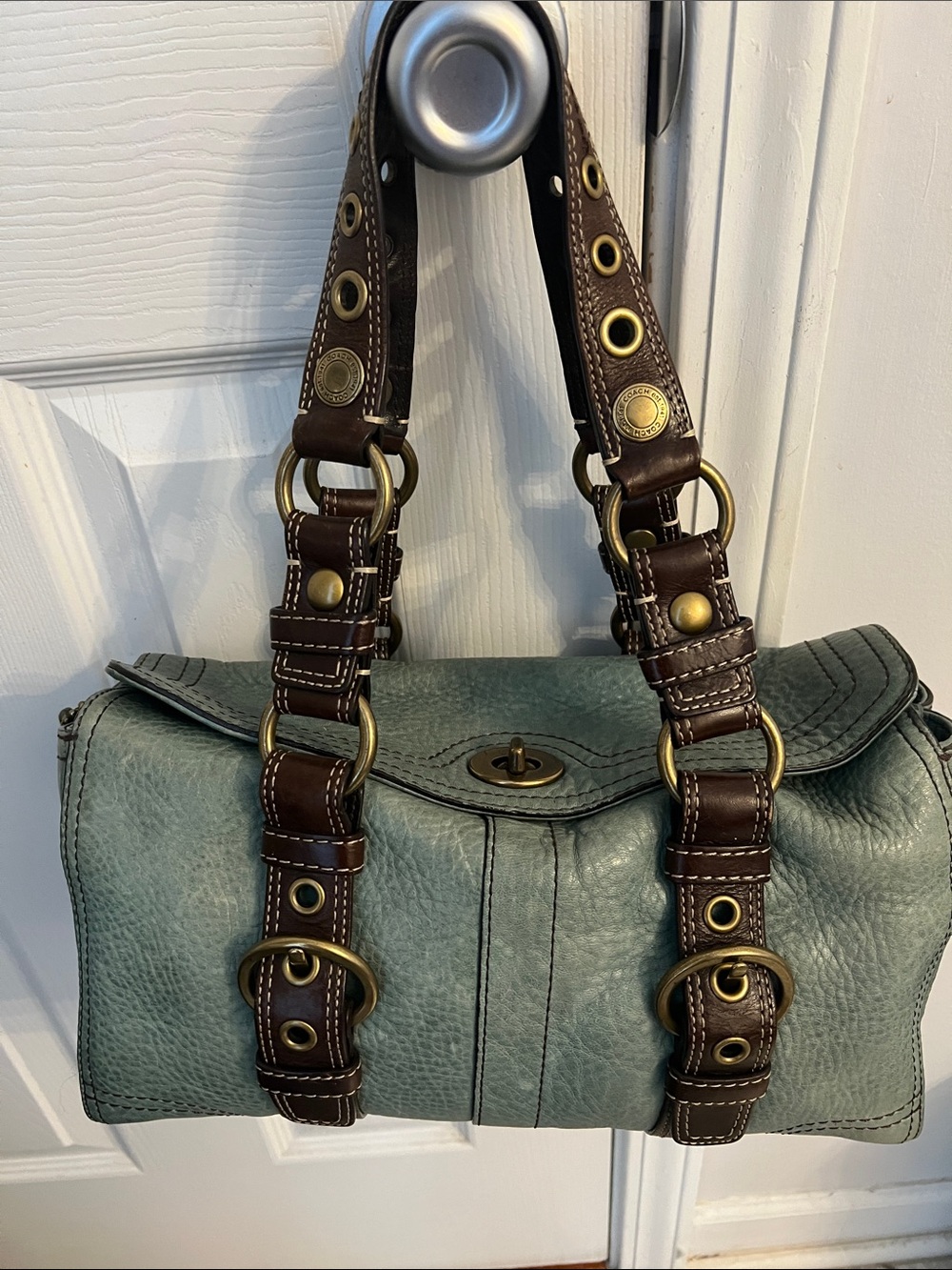 Coach Green Leather Shoulder Bag with Brown Strap Accents
